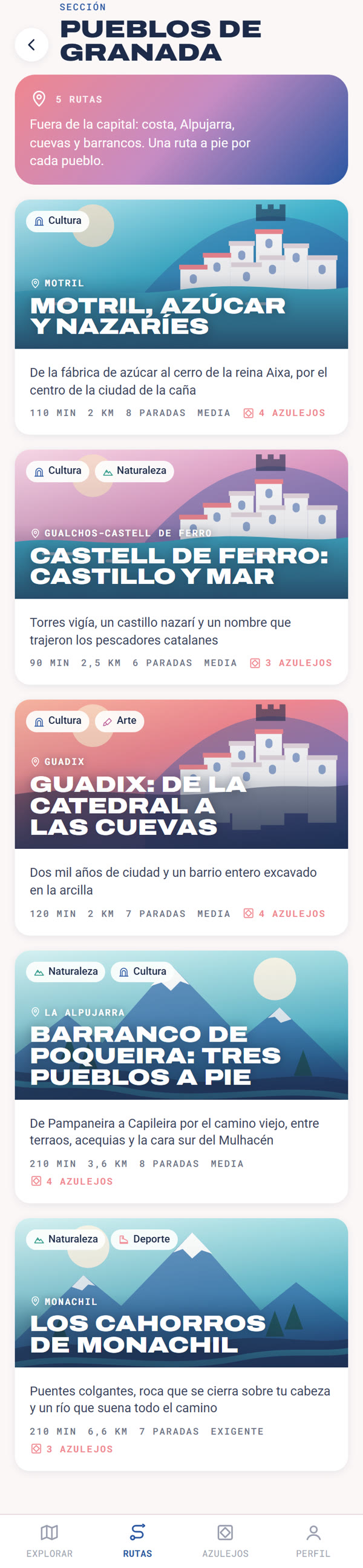 Sección de pueblos de la app
